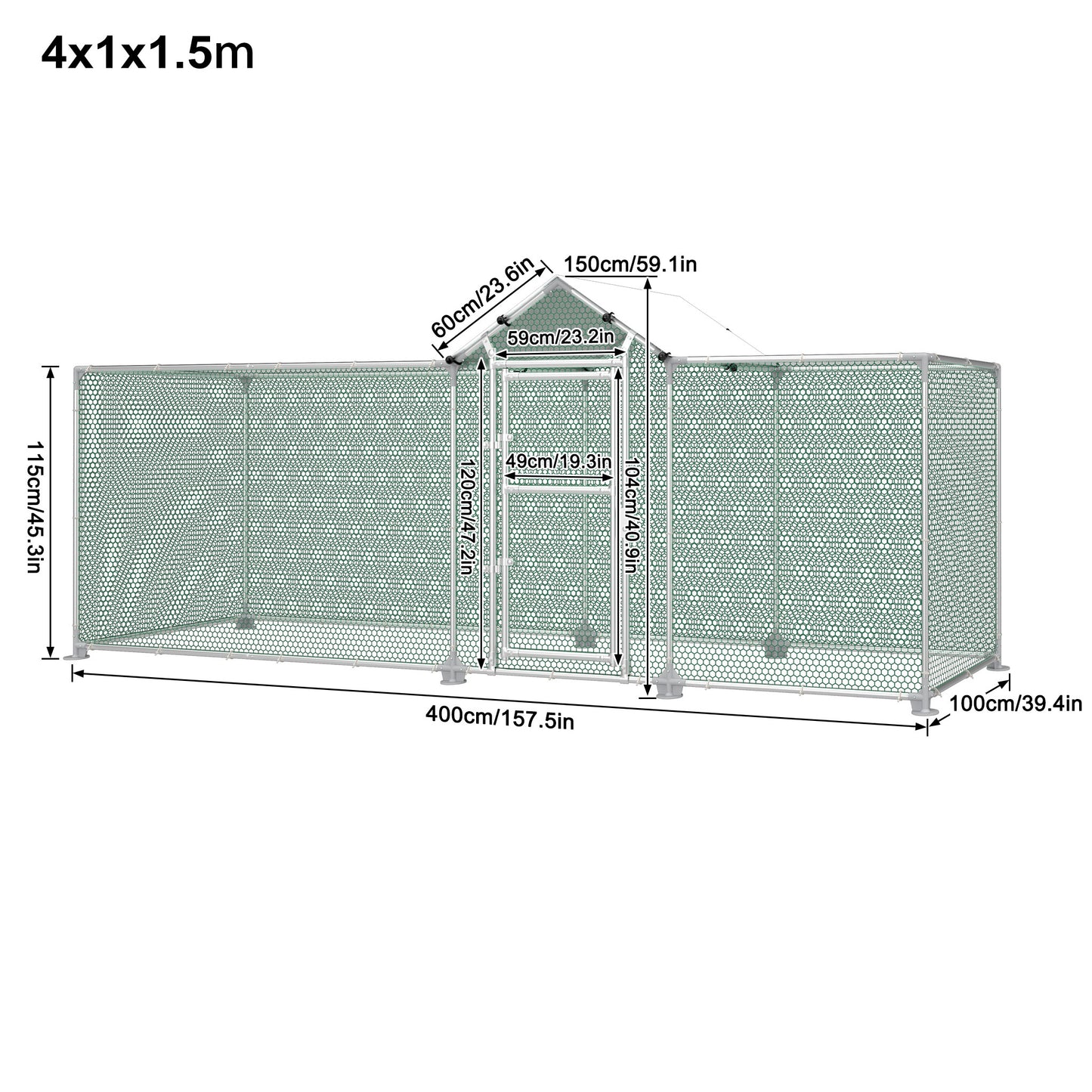 Kippenhok – Kippenren – Pluimveestal – Buitenren – Dierenhok – Gegalvaniseerd Staal – 4x1m – Halve Overkapping Met Zonwering – Robuust Roestbestendig Frame
