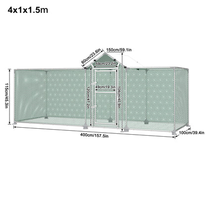 Kippenhok – Kippenren – Pluimveestal – Buitenren – Dierenhok – Gegalvaniseerd Staal – 4x1m – Halve Overkapping Met Zonwering – Robuust Roestbestendig Frame