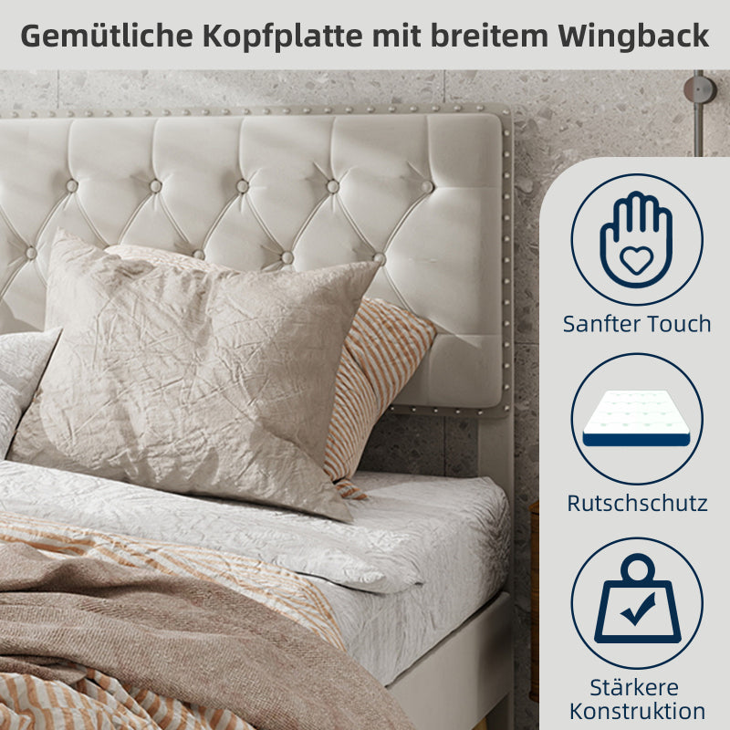 Bed – Bedframe – Slaapbed – Boxspring – Ledikant – Beige Stoffen Hoofdbord Met Geheugenfoam – Lage Boxframe 140x200 cm