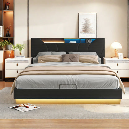 Gestoffeerd Bed – Tweepersoonsbed – Opbergbed – Led Sfeerverlichting Bed – Bed Met USB Oplader – 140x200 cm – Opbergruimte Met Hydraulische Gasveren – Lattenbodem & Zwart PU-Leder