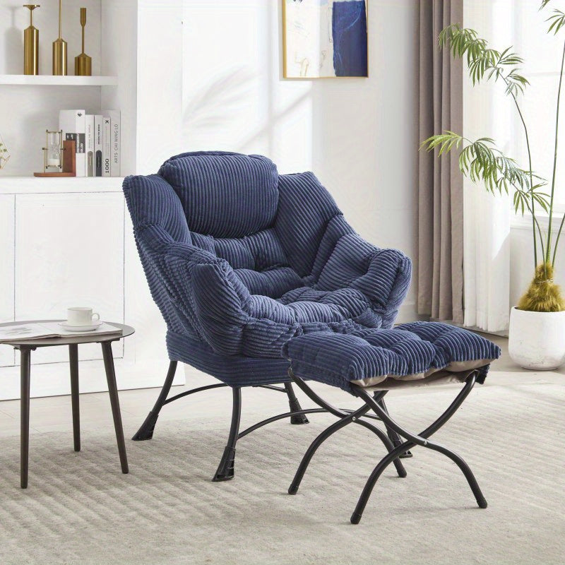 Fauteuil – Lazy Chair – Lounge Chair – Zitstoel – Relaxfauteuil – Navy Blauw – Met Ottoman & Zijvak – Stalen Frame & Flanellen Bekleding