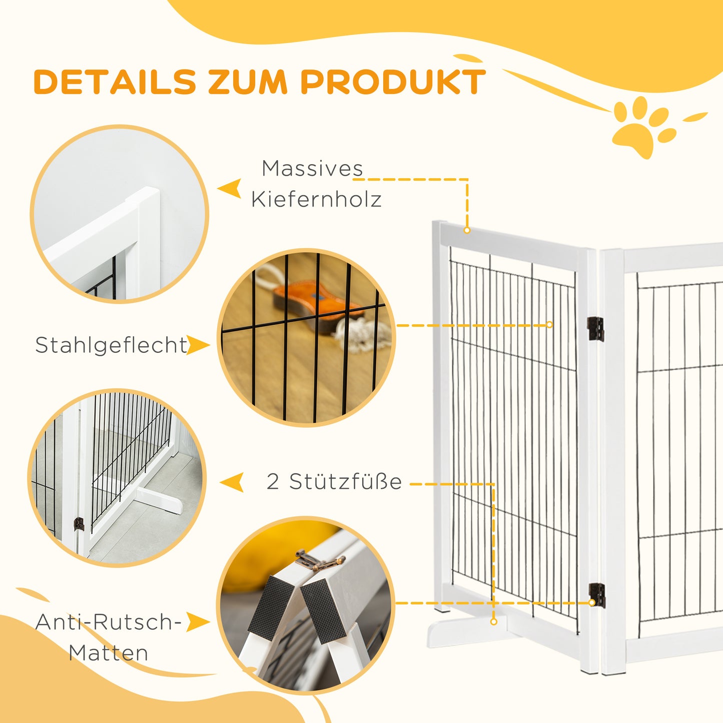 Hondenren – Hondenhek – Hondenafscheiding – Hondenbarrière – Hondenbox – Vouwbaar & Compact – Grenenhout en Stalen Gaas – Wit – 305 x 35,5 x 82 cm
