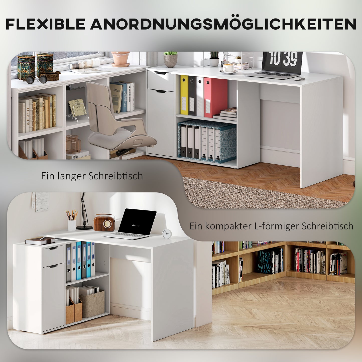 Flexibel Bureau – Bureautafel – Studiebureau – Werkplek – Schrijftafel – Wit Houten Design – 2-Laagse Kast & Lade – Compact en Onderhoudsvriendelijk