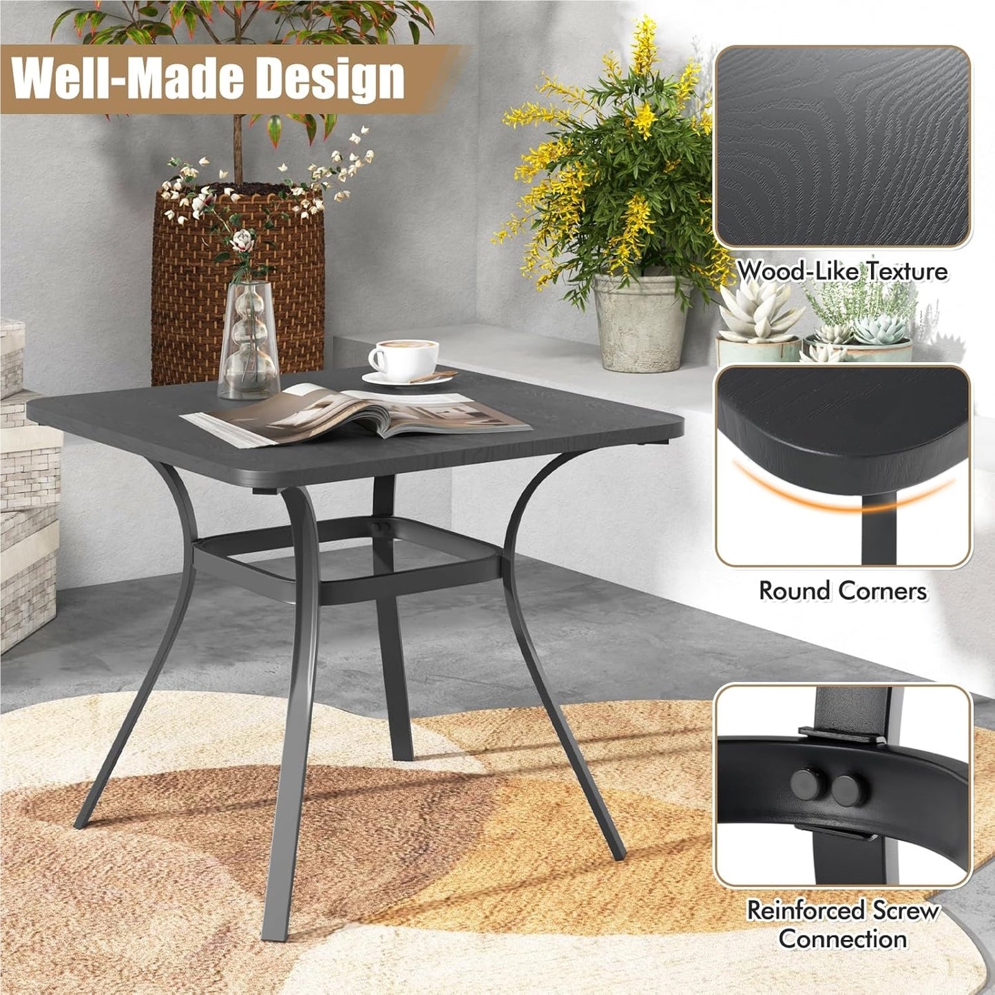 Vierkante Tuin Tafel – Balkontafel – Metaal Tafel – Buiten Tafel – Eettafel 4 Personen – Compact Formaat – Roestvrij Staal Grijs
