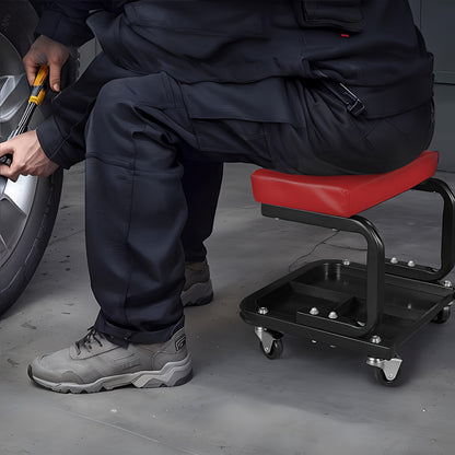 Universele Werkbank met Gereedschaptray – Rood Vierkant Krukje 36 x 37 x 33,5 cm – Met 4 Zwenkwielen, Ideaal voor Auto-, Schoonheids- en Reparatiewerkplaatsen