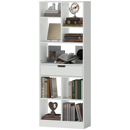 Boekenkast – Wandrek – Opbergkast – Vakkenkast – Kastenrek – Wit – 9 Vakken Met Lade – Kantelbeveiliging – 60x26x158 cm