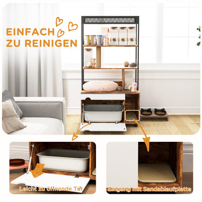 Kattenbakmeubel – Kattenbakkast – Kattenhuis – Kattentoilet – Kattenbakverstopper – Multifunctioneel 2-in-1 Design – Ruime Opbergruimte & Geïntegreerde Krabpaal – 80x48x152 cm – Rustiek Bruin