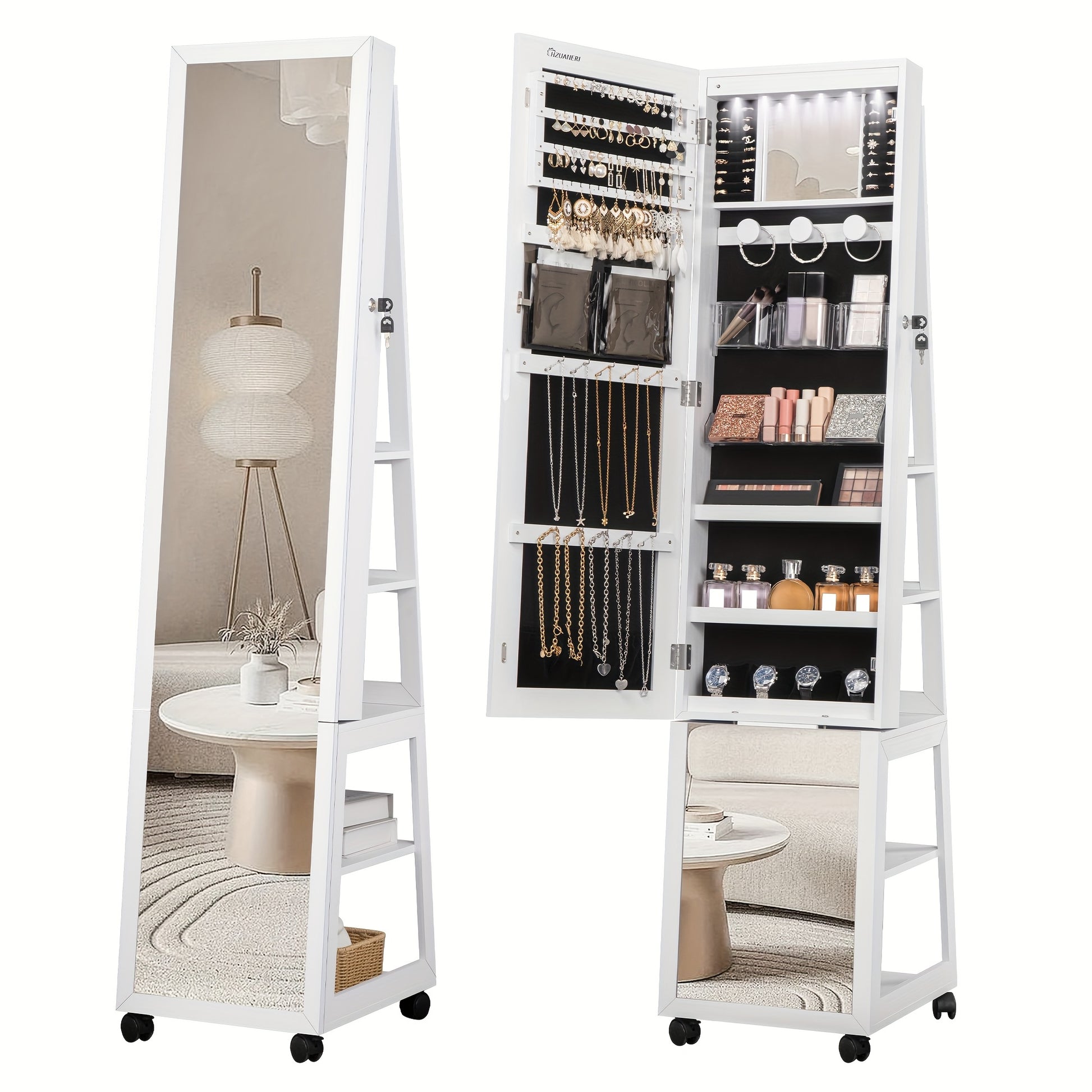6 LEDs Jewelry Cabinet, 159 Cm High Jewelry Cabinet Organizer, Lockable In Full Length Of Mirror With 4 Wheels, Large 5-animal Jewelry Storage Rack, White, Jewelry Armoires - QUORE