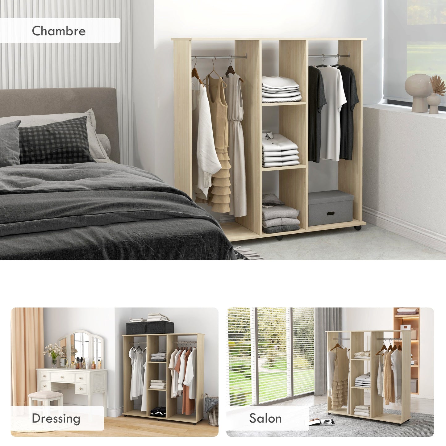 Rolkast – Kledingkast – Opbergkast – Kastje – Verrijdbare Kast – Natuurlijk Hout – 6 Wieltjes – 120x40x128 cm
