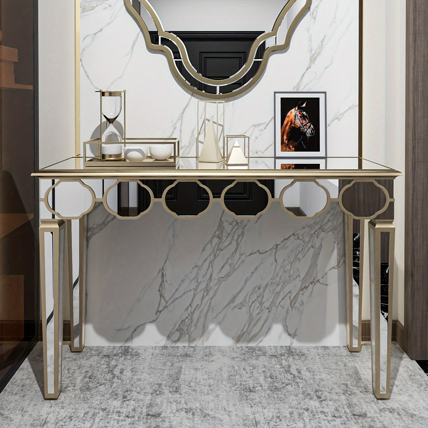 Spiegelconsole – Sidetable – Kaptafel – Haltafel – Make-uptafel – Luxe Design – Groot Formaat 120x35x76 cm – Lichtgouden Frame