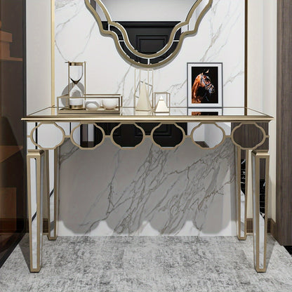 Spiegelconsole – Sidetable – Kaptafel – Haltafel – Make-uptafel – Luxe Design – Groot Formaat 120x35x76 cm – Lichtgouden Frame
