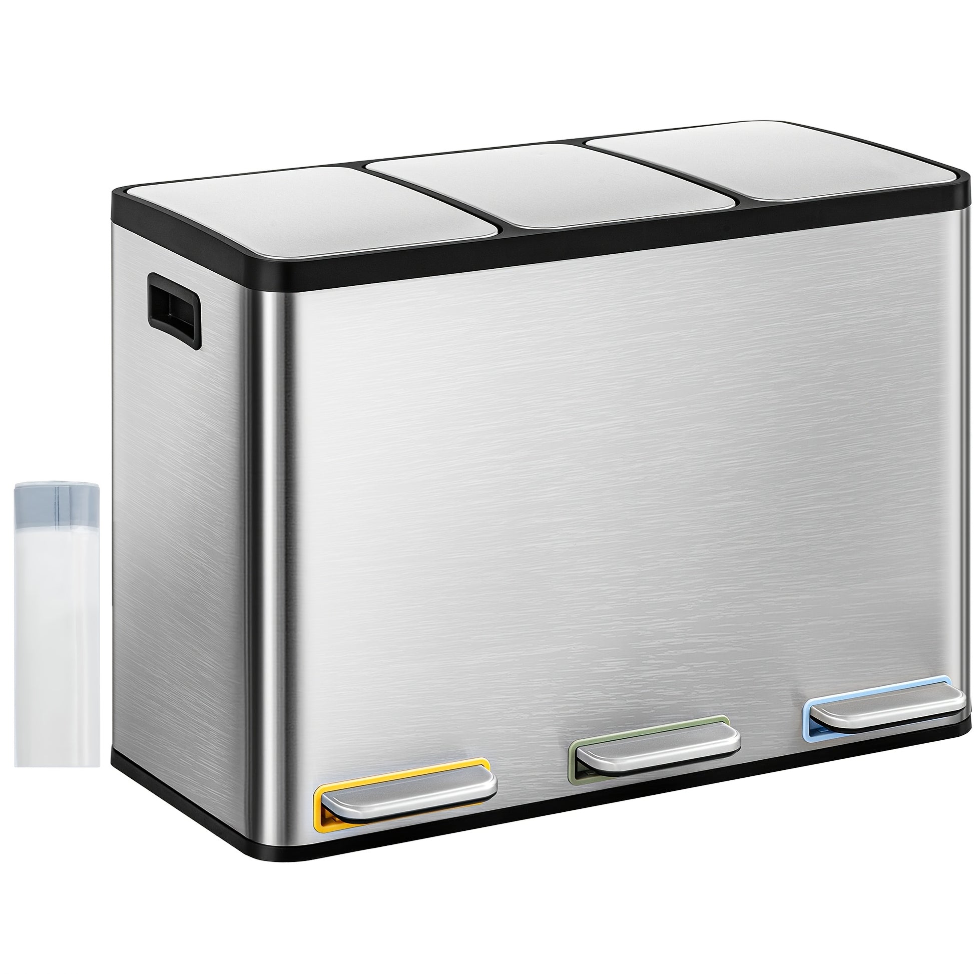 Stainless Steel Kitchen Trash Can with 3-Compartment Waste Sorting System, 45L Total Capacity (3 x 15L) - Heavy-Duty Rectangular Design, Quiet Slow-Lowering Lid - QUORE