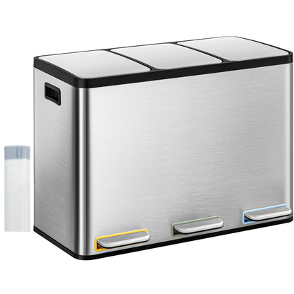 Stainless Steel Kitchen Trash Can with 3-Compartment Waste Sorting System, 45L Total Capacity (3 x 15L) - Heavy-Duty Rectangular Design, Quiet Slow-Lowering Lid - QUORE