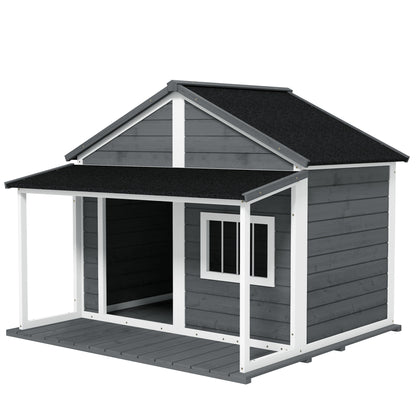 Buitenhondenkennel – Hondenhok – Buitenkennel – Hondenhuis – Hondenverblijf – Grijs – Weerbestendig Materiaal – Ruime Veranda 124x112x105 cm