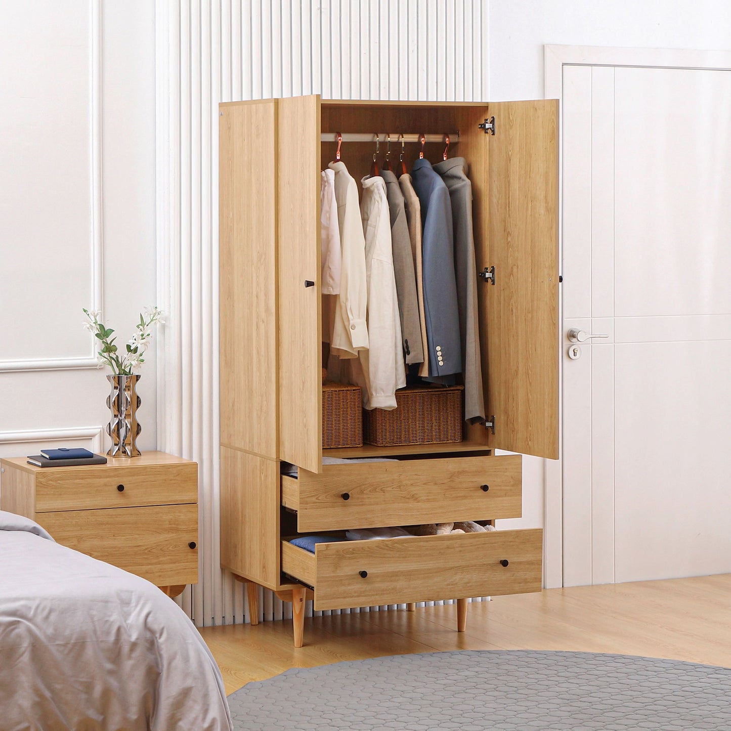 Kledingkast – Garderobekast – Opbergkast – Linnenkast – Kast met Laden – 2-Deurs Met Hangrail – Ruime Opbergruimte – Houten Look – 80x52x180 cm