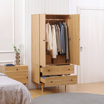 Kledingkast – Garderobekast – Opbergkast – Linnenkast – Kast met Laden – 2-Deurs Met Hangrail – Ruime Opbergruimte – Houten Look – 80x52x180 cm