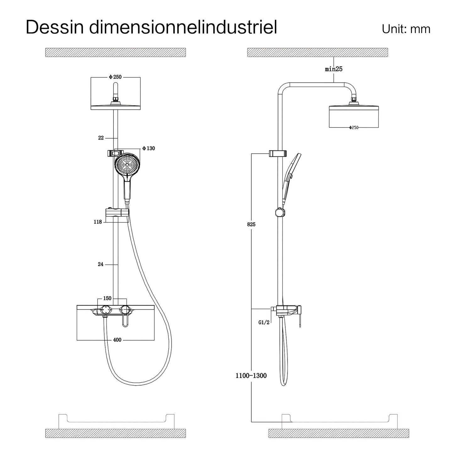 Doucheset – Douchegarnituur – Regendouche – Handdouche – Glijstang – Thermostatisch – Glazen Opbergrek 400mm – Watervaluitloop 95mm – 5 Functions – Chroom