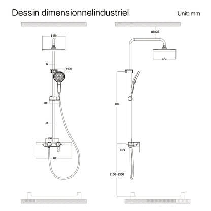 Doucheset – Douchegarnituur – Regendouche – Handdouche – Glijstang – Thermostatisch – Glazen Opbergrek 400mm – Watervaluitloop 95mm – 5 Functions – Chroom