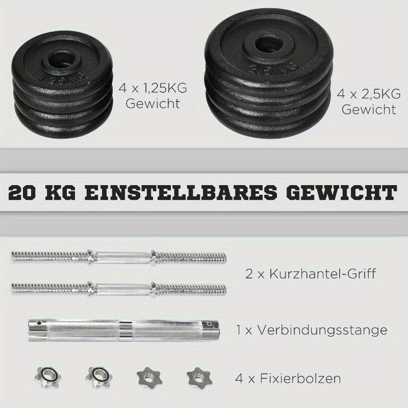 Adjustable Dumbbell Set – Verstelbare Halterset – Dumbbells – Barbell – Gewichtenset – 20kg Zwaar – Roestvrijstalen Stang – Anti-Slip – Duurzaam Gietijzer – Voor Thuis Fitness