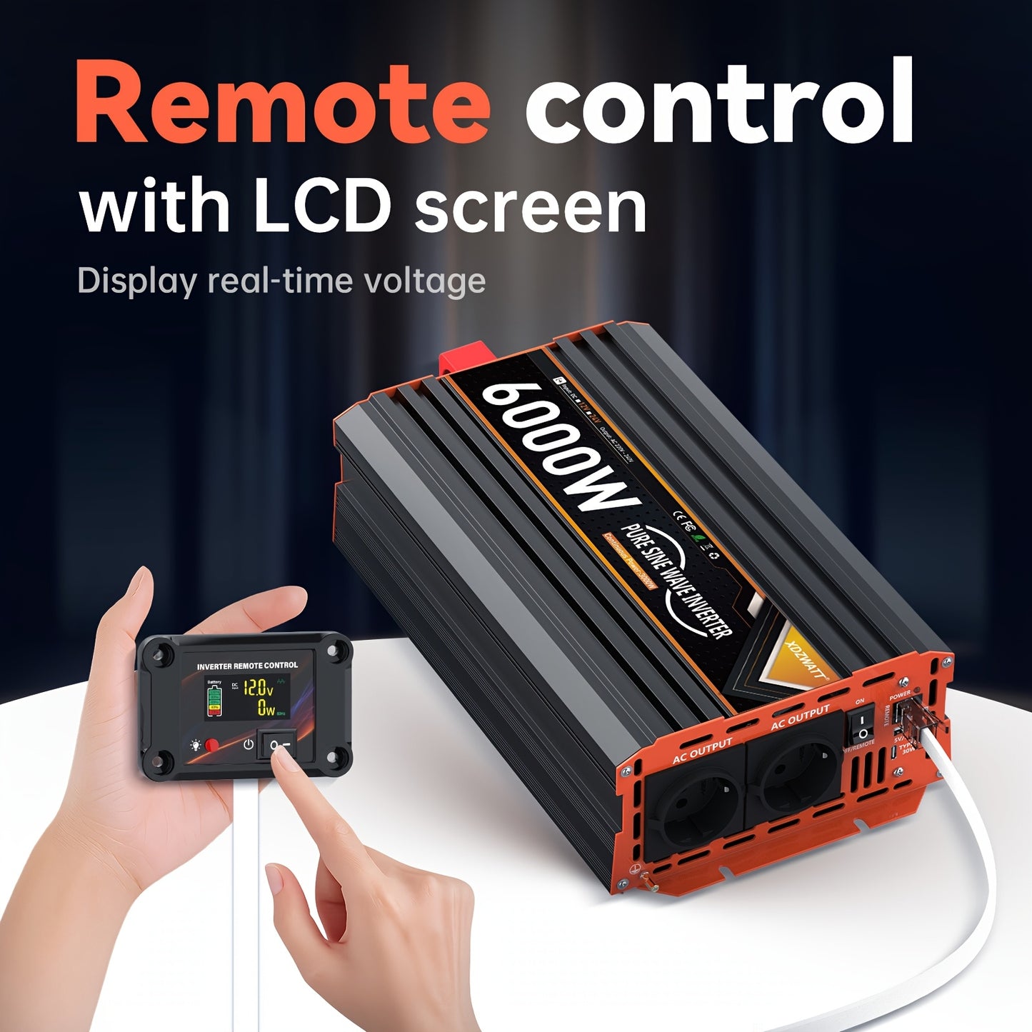 Omvormer – Spanningsomvormer – Stroomomzetter – Stroominverter – 24V 6000W EU – Pure Sinusgolf – 2 Stopcontacten met USB Type-C & LCD display