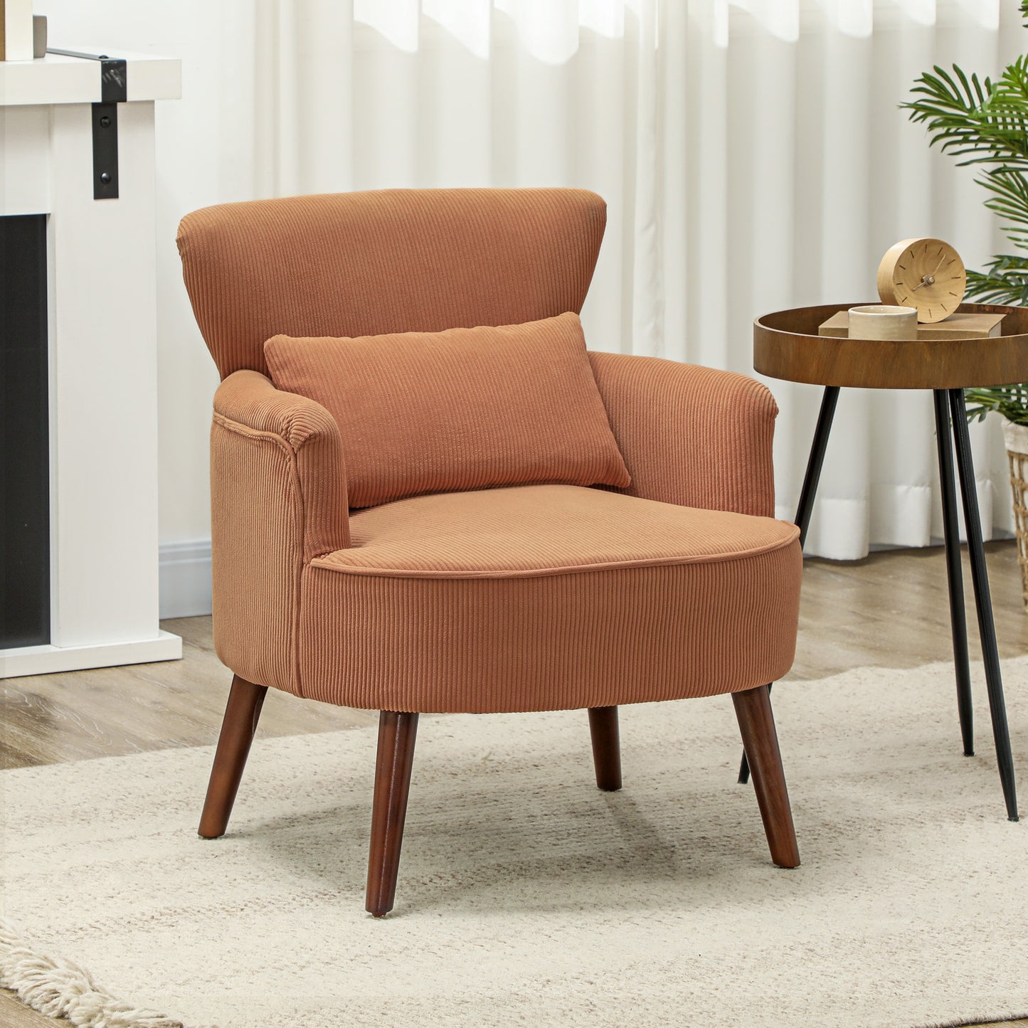 Fauteuil – Accentstoel – Loungestoel – Leunstoel – Zitstoel – Oranje Kleur – Rubberwood Poten – Inclusief Lendenkussen