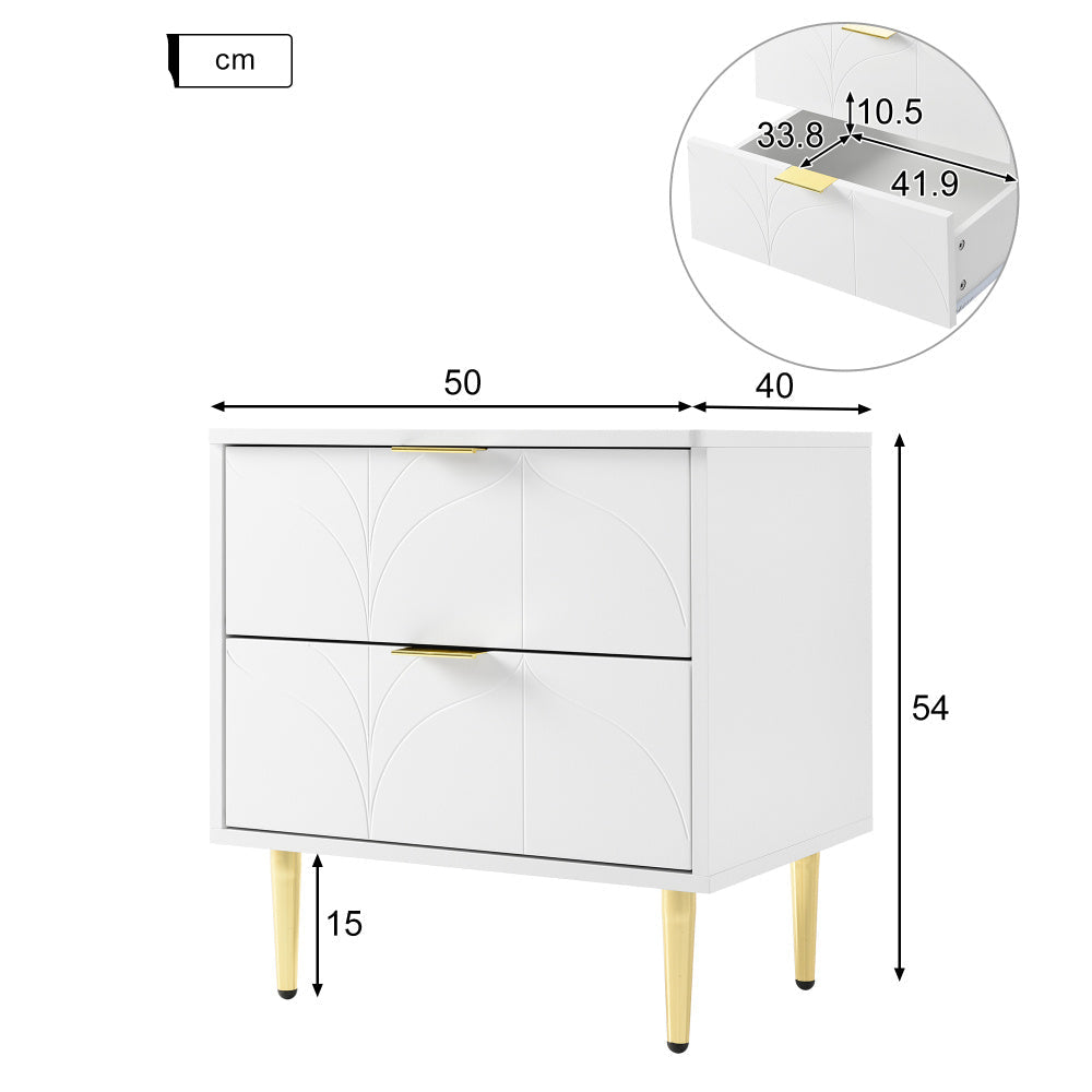 Nachtkastje – Bedkastje – Bedtafel – Slaapkamerkastje – Ladekast – Hoogglans Wit – Set Van 2 – Anti-Bots Hoeken – 2 Lades – Compact Formaat 50x40x54 cm