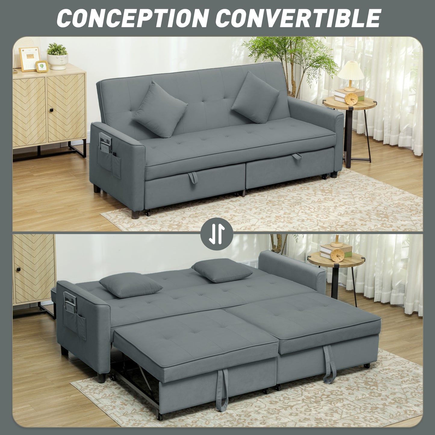 Slaapbank – Bedbank – Bankbed – Logeerbed – Sofa – 3-zits – Velours Bekleding – Verstelbare Rugleuning