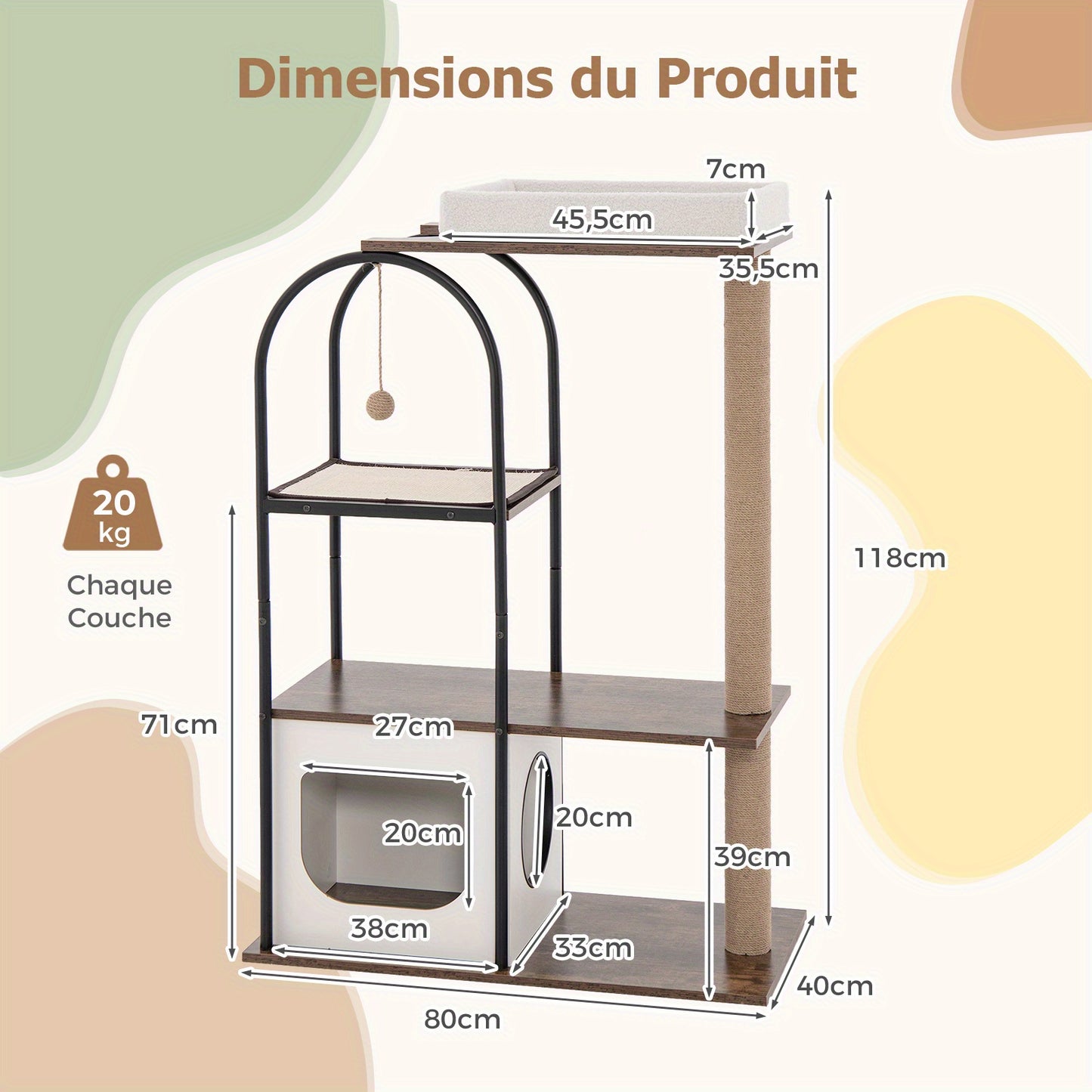 Krabpaal – Kattenboom – Kattenhuis – Kattenmeubel – Kattentoren – Multifunctioneel – 80x40x118 cm – Sisal Krabpalen & Pluche Ligbed – Houtvezelplaat & Metaal