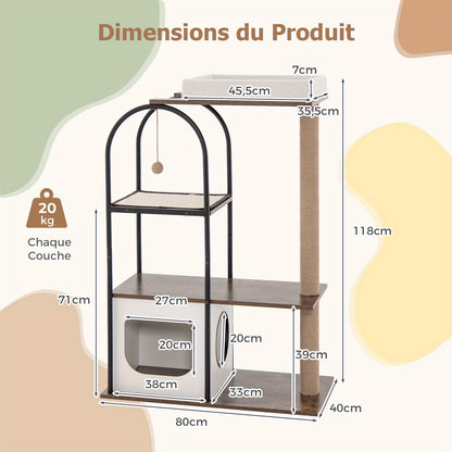 Krabpaal – Kattenboom – Kattenhuis – Kattenmeubel – Kattentoren – Multifunctioneel – 80x40x118 cm – Sisal Krabpalen & Pluche Ligbed – Houtvezelplaat & Metaal