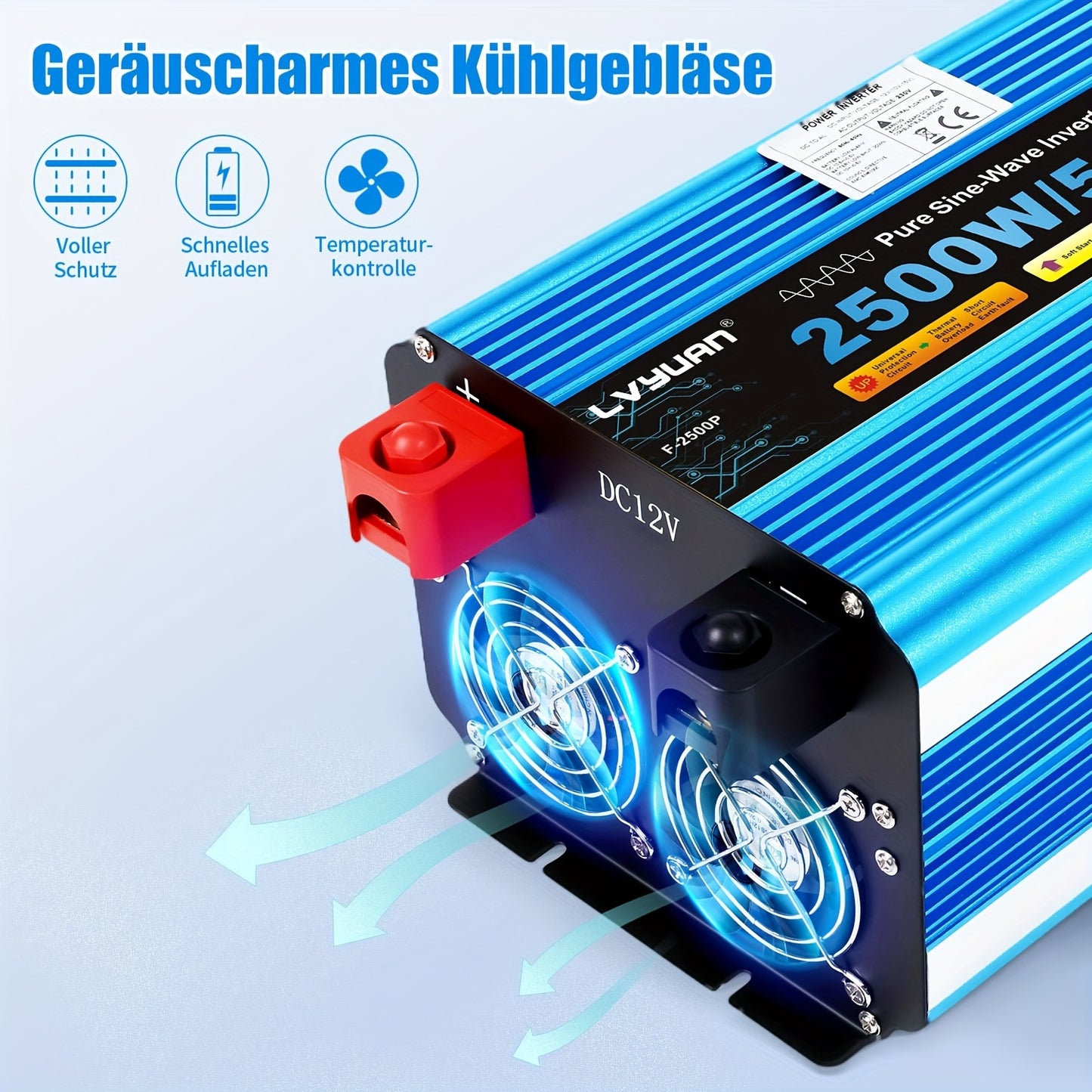 Zuivere Sinus Omvormer – Stroomomzetter – Spanning Converter – DC naar AC Inverter – Autoinverter 12V 2500W – LED Display – 2 Stopcontacten & USB Poorten