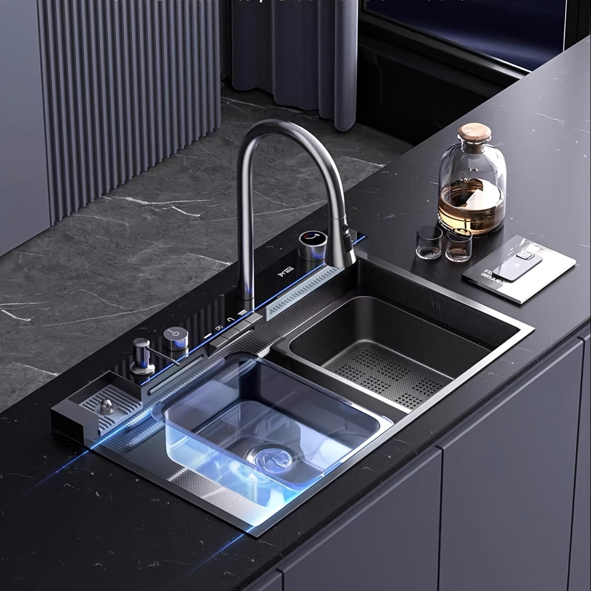 Keukenkraan – Keukenmengkraan – Spoelbak – Watervalkraan – Mengkraan – RVS – Waterafstotende Honeycomb Nano Finish – Rechts geplaatste Afvoer