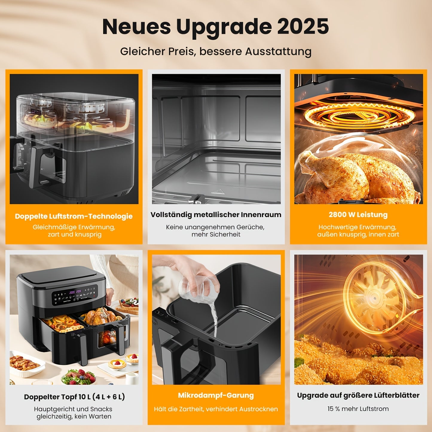 Airfryer – Heteluchtfriteuse – Luchtfriteuse – Dubbele Friteuse – Luchtoven – XXL 10L Capaciteit – 12 Voorgeprogrammeerde Programma’s – Touchscreen Bediening – Gezond Bakken Met Weinig Olie