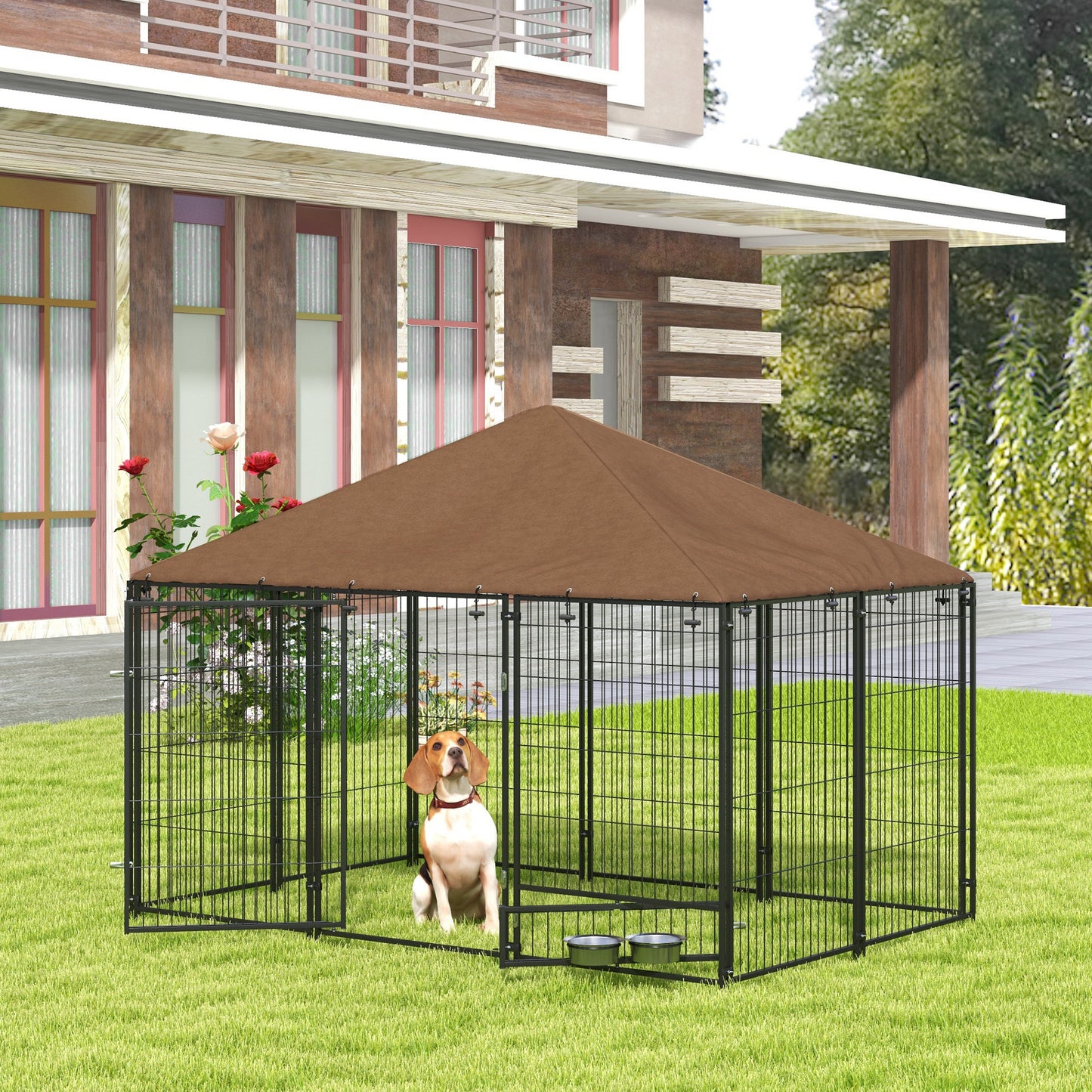Hondenkennel – Hondenhok – Hondenren – Buitenkennel – Hondenverblijf – Stevig Stalen Frame – Weerbestendig Oxford Dak – Voederdeur Met Bakjes – Ruim 211x141x151 cm – Chestnut
