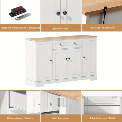 Modern White Metal Cabinet with Anti-Tip System - Multifunctional Storage Sideboard Suitable, & Bedroom - Adjustable Shelves & Drawers, Heavy-Duty 138cm Freestanding Furniture