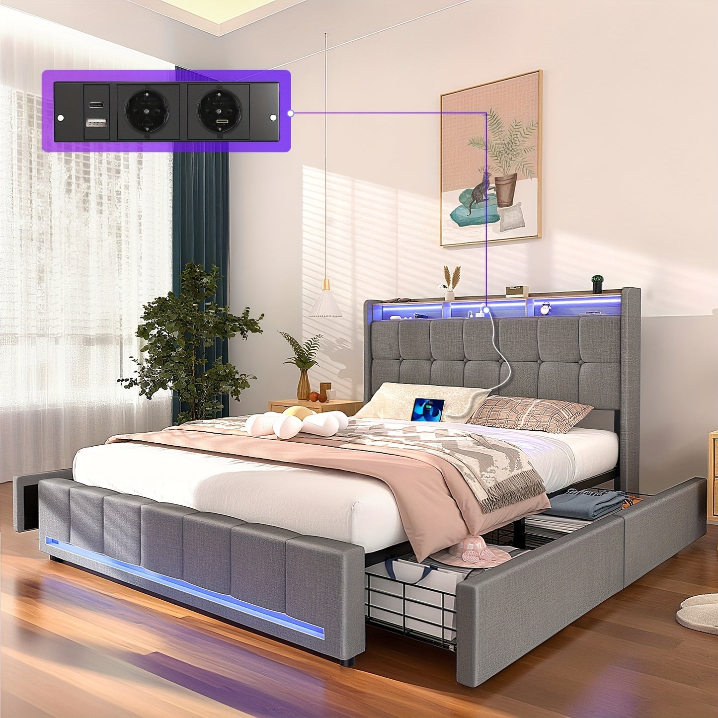 Bedframe – Bed – Led Bed – Opbergbed – Slaapkamer Meubel – 140x200 cm – RGB LED Verlichting – 4 Uitschuifbare Lades