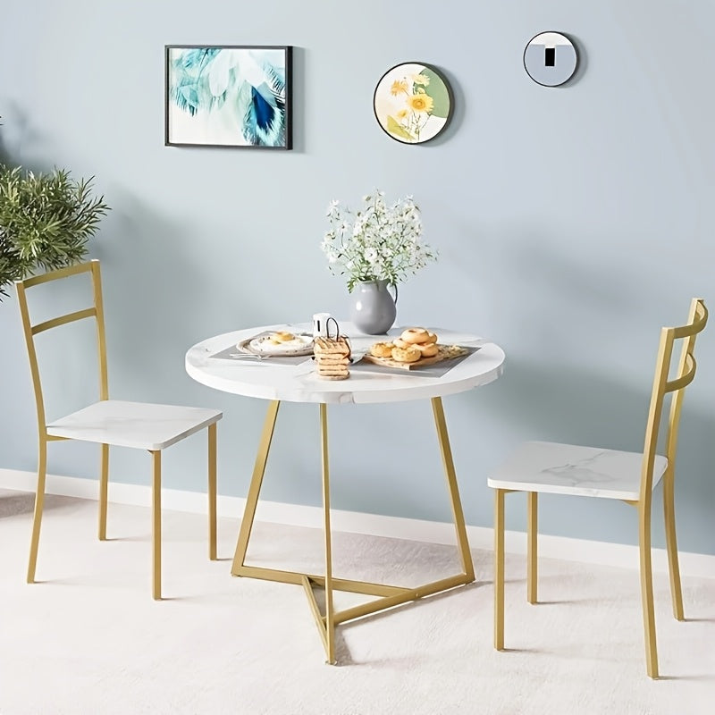 Round Dining Table Set for 2, Wood Marbled Tabletop Dining Room Table and Chairs Set for Kitchen, Dining Room, Apartment, Dinette, Breakfast