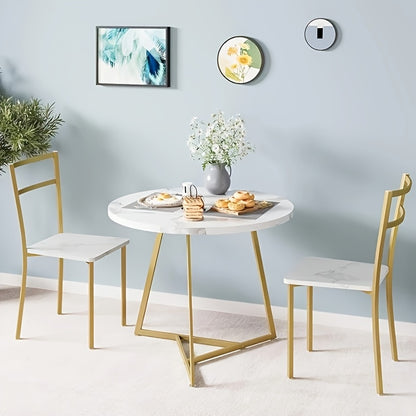 Round Dining Table Set for 2, Wood Marbled Tabletop Dining Room Table and Chairs Set for Kitchen, Dining Room, Apartment, Dinette, Breakfast