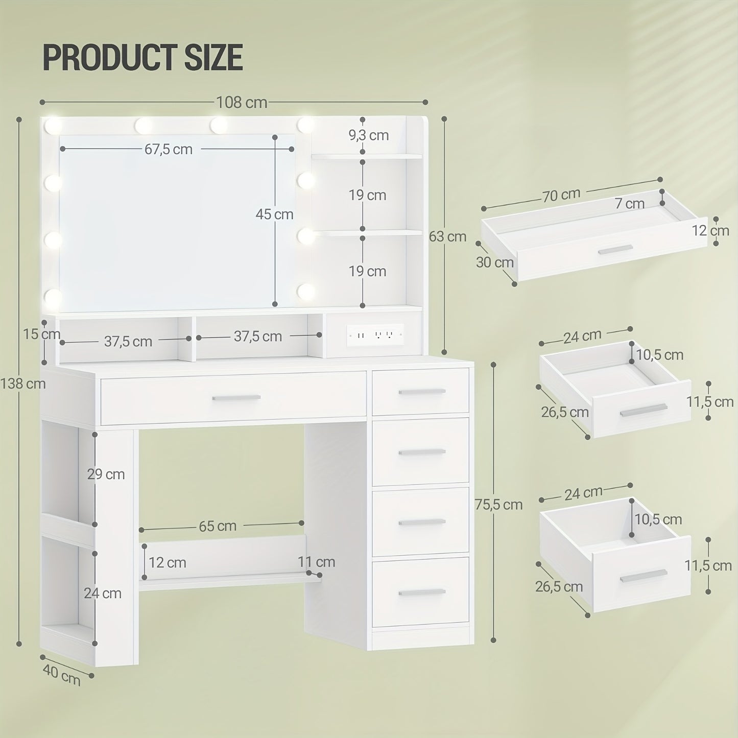 Dressing Table with Large HD Mirror, Dressing Table with LED Light, Dressing Table with 6 Open Compartments, 5 Drawers And Side Open Storage, Bedroom Room, Simple, White, Dressing Mirror with Storage, Dressing Mirror with LED