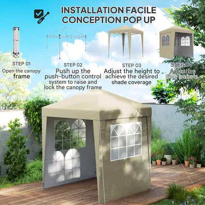 Partytent – Tuinpaviljoen – Feesttent – Overkapping – Pop-up Tent – Opvouwbaar – Verstelbare Hoogte – UV30+ Bescherming – Beige Oxford Stof – Compleet Met Zijwanden en Zandzakken