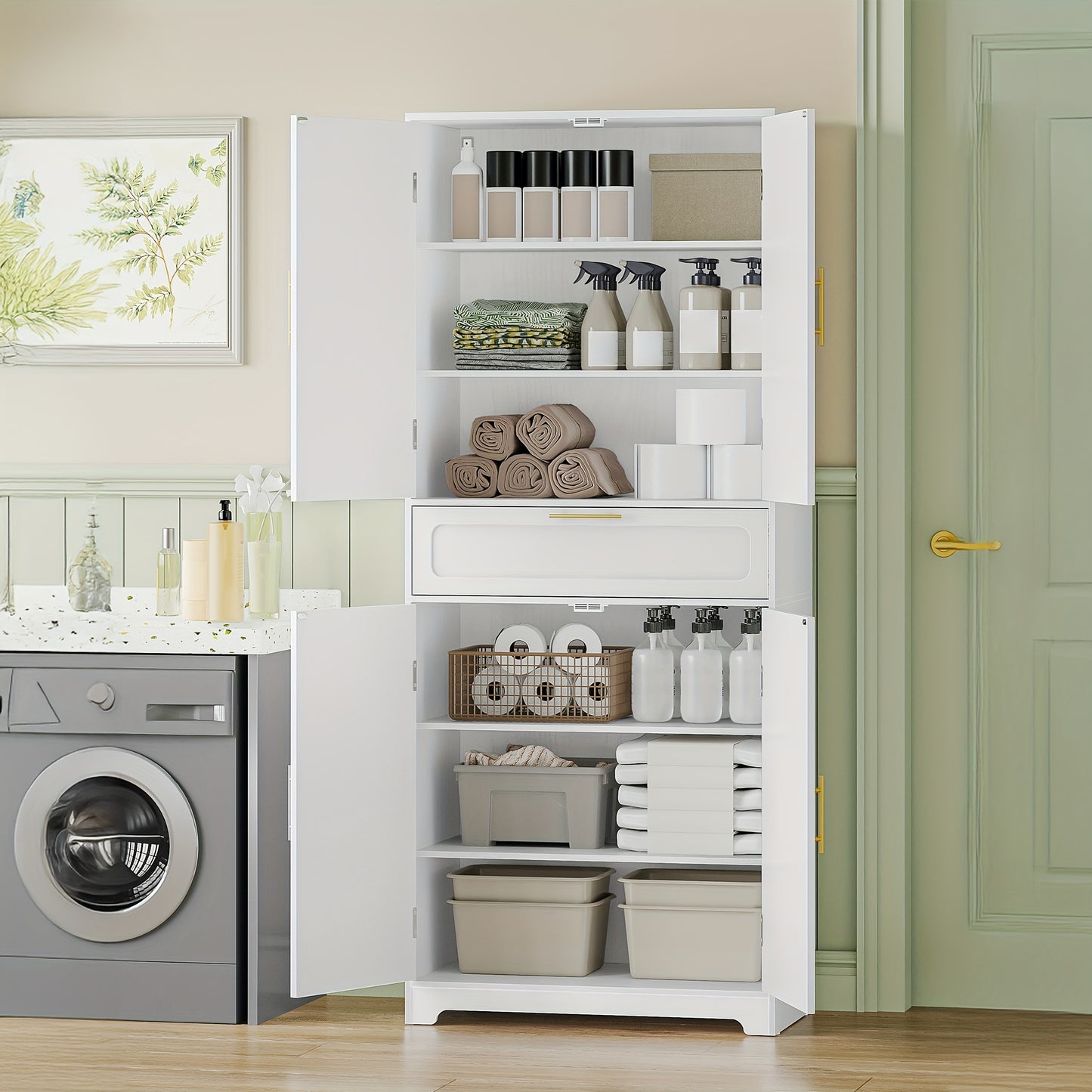 Kitchen Cabinet, Tall Cabinet with 4 Doors, Sideboard with 1 Large Drawer, Buffet Cabinet, Dining Room Cabinet, Adjustable Shelves, for Dining Room, Kitchen, Living Room, White