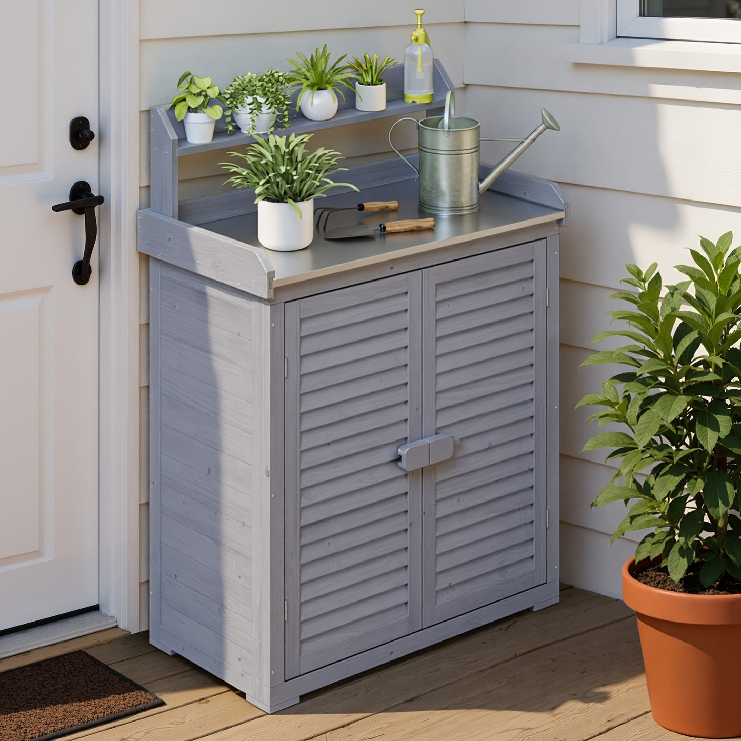 Houten Plantenstandaard – Tuinmeubel – Opbergkast Tuingereedschap – Werkbank Bloemen – Grijs – Met Metalen Blad – Met Opbergruimte en Haken