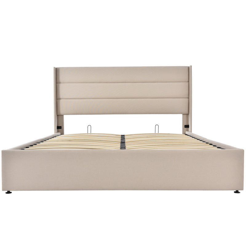 140x200cm Upholstered Hydraulic Storage Bed with Slatted Frame - Modern Retro Double Bed with Metal Frame & Beige Linen Fabric, Space-Saving Design, 181.44KG Weight Capacity, Easy-Clean Surface, No Box Spring Needed, Assembly