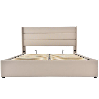 140x200cm Upholstered Hydraulic Storage Bed with Slatted Frame - Modern Retro Double Bed with Metal Frame & Beige Linen Fabric, Space-Saving Design, 181.44KG Weight Capacity, Easy-Clean Surface, No Box Spring Needed, Assembly