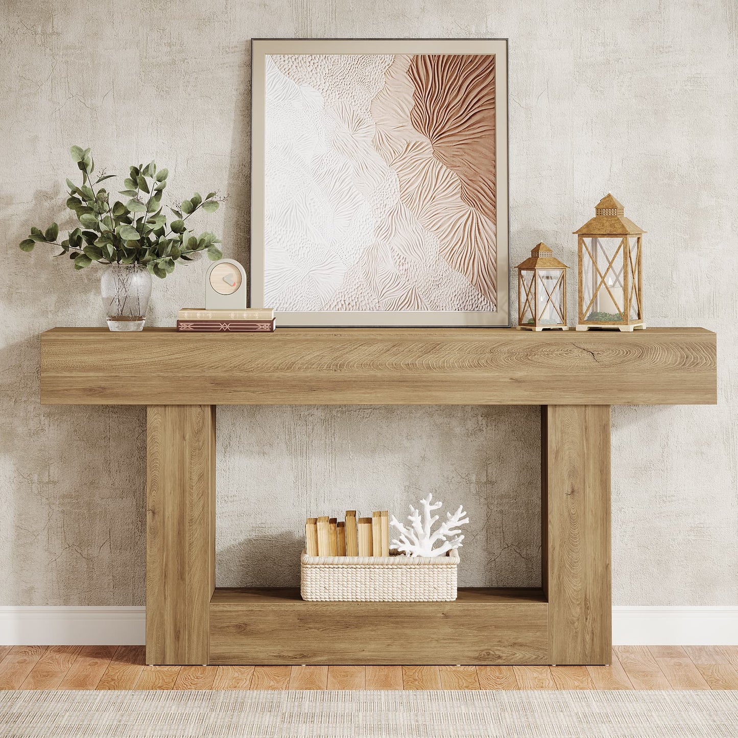 Farmhouse Sidetable – Sidetable – Console Tafel – Sofa Tafel – Haltafel – Lichtbruin – 160 cm Breed – Stevige Houten Constructie met 2 Opbergniveaus