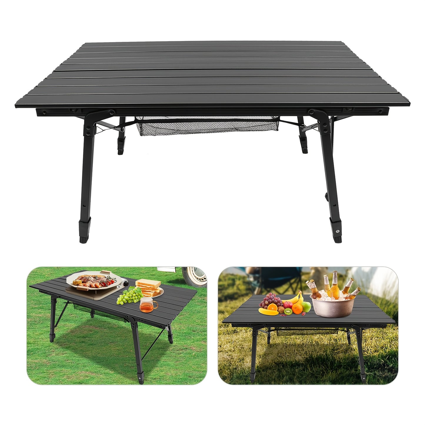 35.4*20*17.7 -25.6 Inch Folding Camping Table Aluminum Barbecue Table + Mesh Pocket For Camping, Fishing, Picnic, Barbecue, Party, Total Load Capacity 30.0 KG