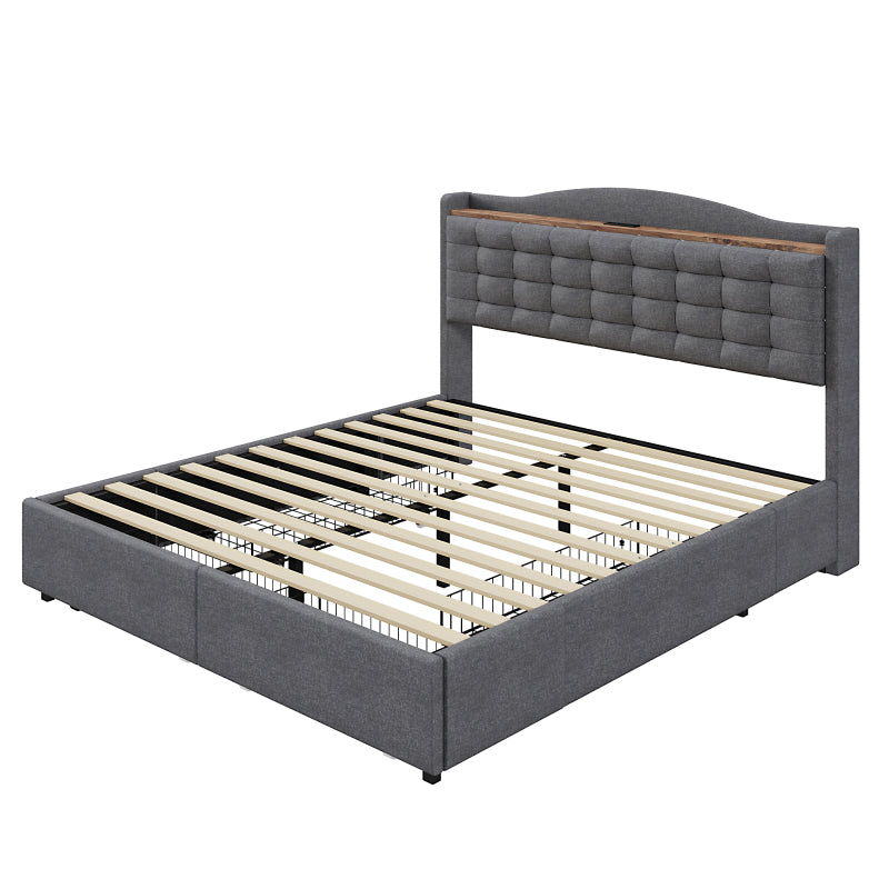 Ledikant 160x200 – Tweepersoonsbed – Bedframe – Opbergbed – Gestoffeerd Bed – Linnen Stof – Ingebouwde Oplaadpoort – 4 Laden Opbergruimte