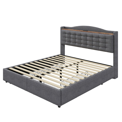 Ledikant 160x200 – Tweepersoonsbed – Bedframe – Opbergbed – Gestoffeerd Bed – Linnen Stof – Ingebouwde Oplaadpoort – 4 Laden Opbergruimte