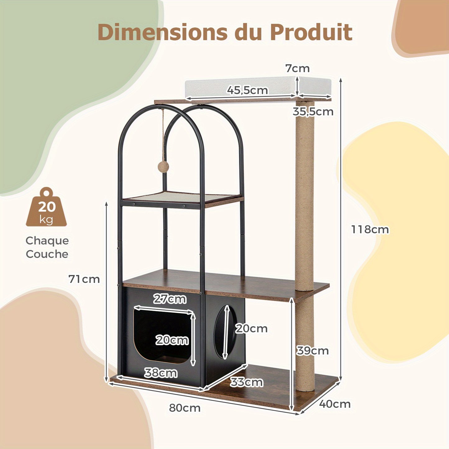 119.38cm Tall Cat Tree Tower with Metal Frame, Top Perch Cat Bed, Jute Scratching Posts, Sisal Board & Hanging Ball - Multi-Level Cat Condo for Indoor Cats, Cat Climbing Tower, Playful Design, Sturdy Construction