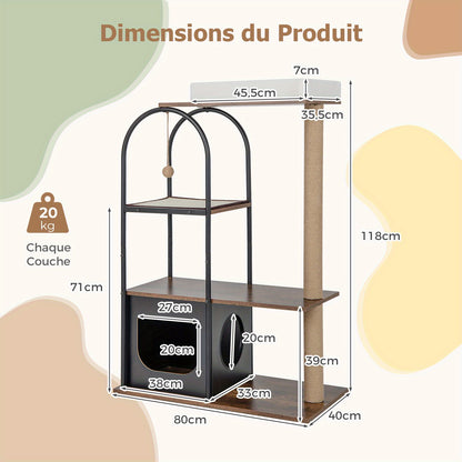 119.38cm Tall Cat Tree Tower with Metal Frame, Top Perch Cat Bed, Jute Scratching Posts, Sisal Board & Hanging Ball - Multi-Level Cat Condo for Indoor Cats, Cat Climbing Tower, Playful Design, Sturdy Construction