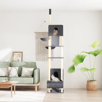 Krabpaal – Kattenkrabpaal – Kattenhuis – Kattenboom – Kattentoren – Verstelbaar 277-303 cm – Sisal Touw & Donkergrijs Pluche